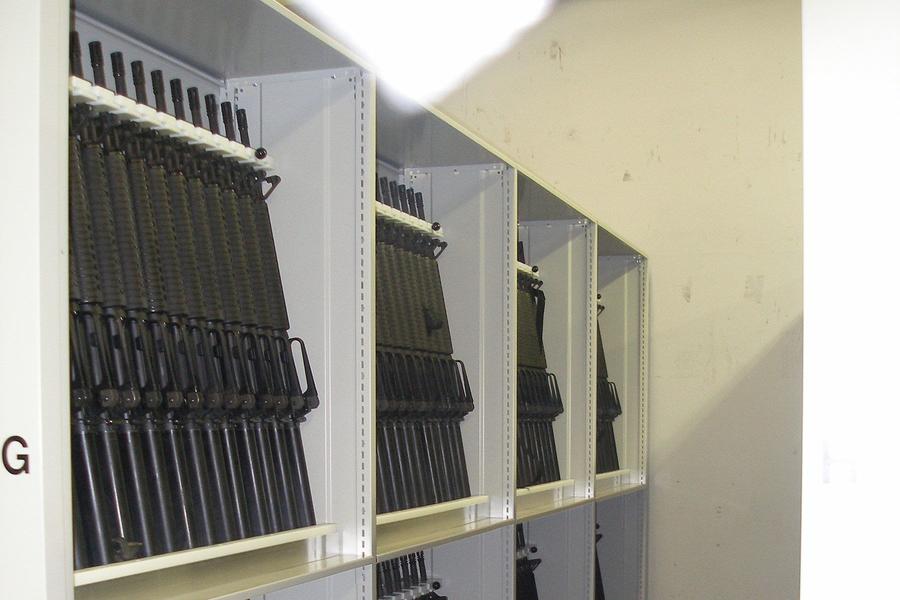 Mobile bulk firearm racking storage